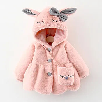 Baby Coat, Cute Rabbit Ears Plush Baby Jacket, Sweet Princess Girls Coat, Autumn Winter Warm Hooded Outerwear, Toddler Jacket