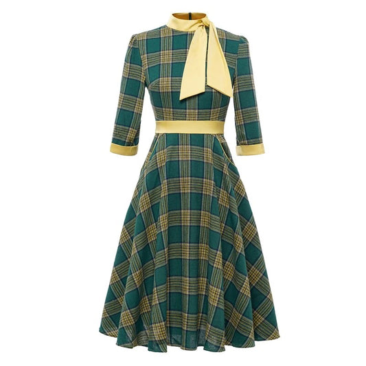 Bow Neck Green Plaid 50s Vintage 3/4 Length Sleeve Midi Dress for Women, Autumn Winter Pocket Side Retro Dress