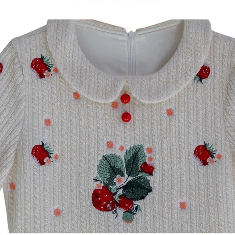 Ella Spring Autumn Winter Vintage Elegant Dress Sweet Strawberry Embroidery 100%Cotton Knitted Dress - Sandrine Swank