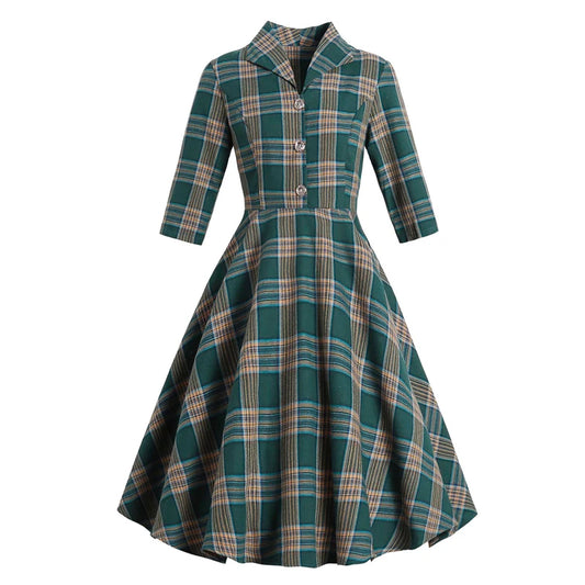 Turn-down Collar Button Up Green Plaid Retro Dress, Vintage Swing Dress