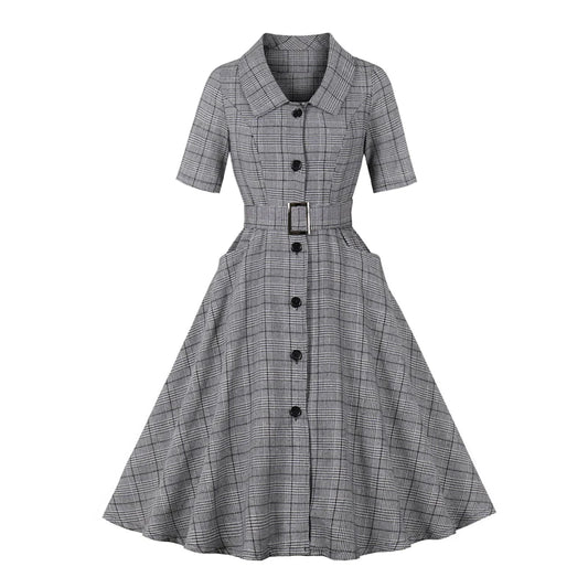 Retro Turn Down Collar Button Up Half Sleeve Pocket Swing Dress, Vintage Plaid Dress