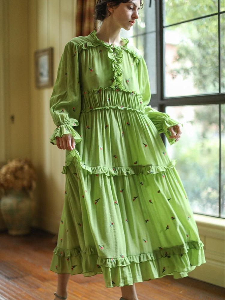 Elise Elegant Embroider Floral Green Dress Vintage Victoria Ruffles Big Swing Maxi Dress - Sandrine Swank