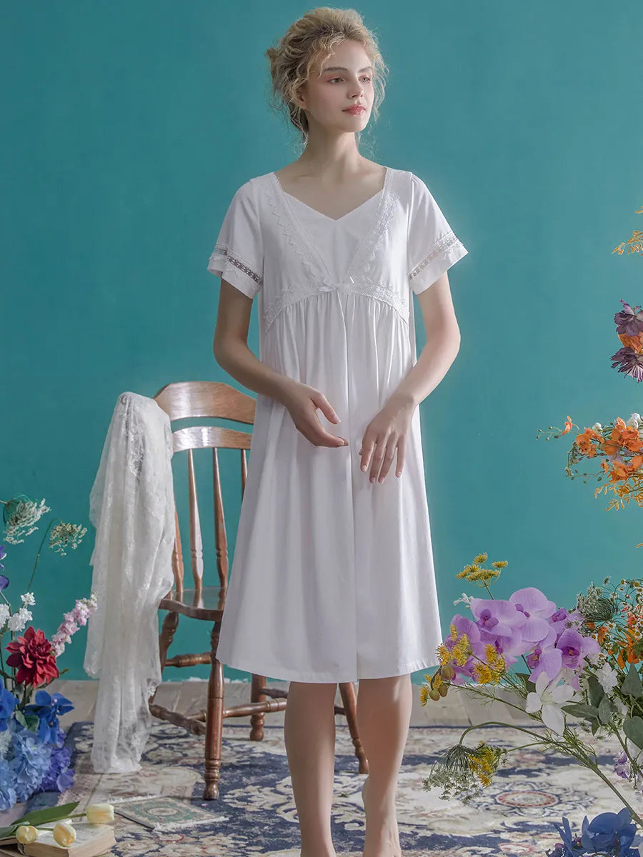 Cotton Short Sleeve Nightgown For Women, Vintage Royal Princess Sleepwear Loose Nightdress