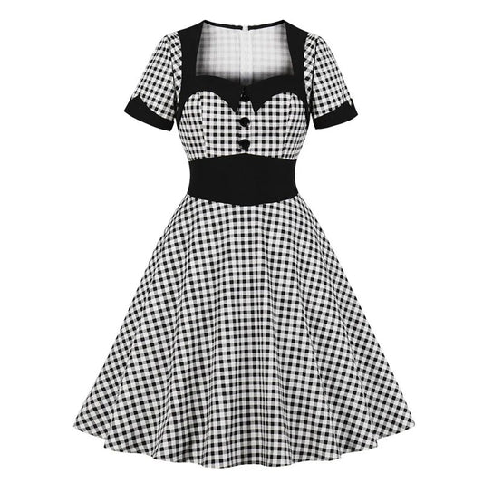 Retro Dress, Rockabilly 50s Gingham Sweetheart Neck Retro Party Dress, Button Front 95% Cotton Vintage High Waist Plaid Dress