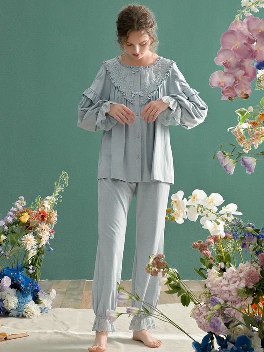 Vintage Soft Cotton Pajamas Sets, Long Sleeve Embroidery Sleepwear