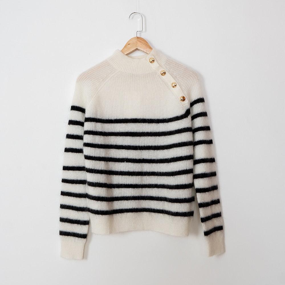 Retro High Neck Button Stripe Sweater, Women Long Sleeve Casual Warm Pullover Sweater - Belleroz