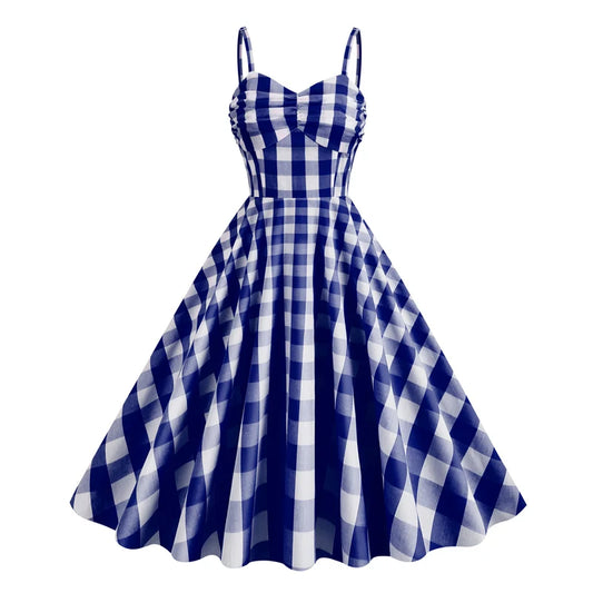 Vintage Retro Gingham Dress, Spaghetti Strap High Waist Party Retro Swing Dress