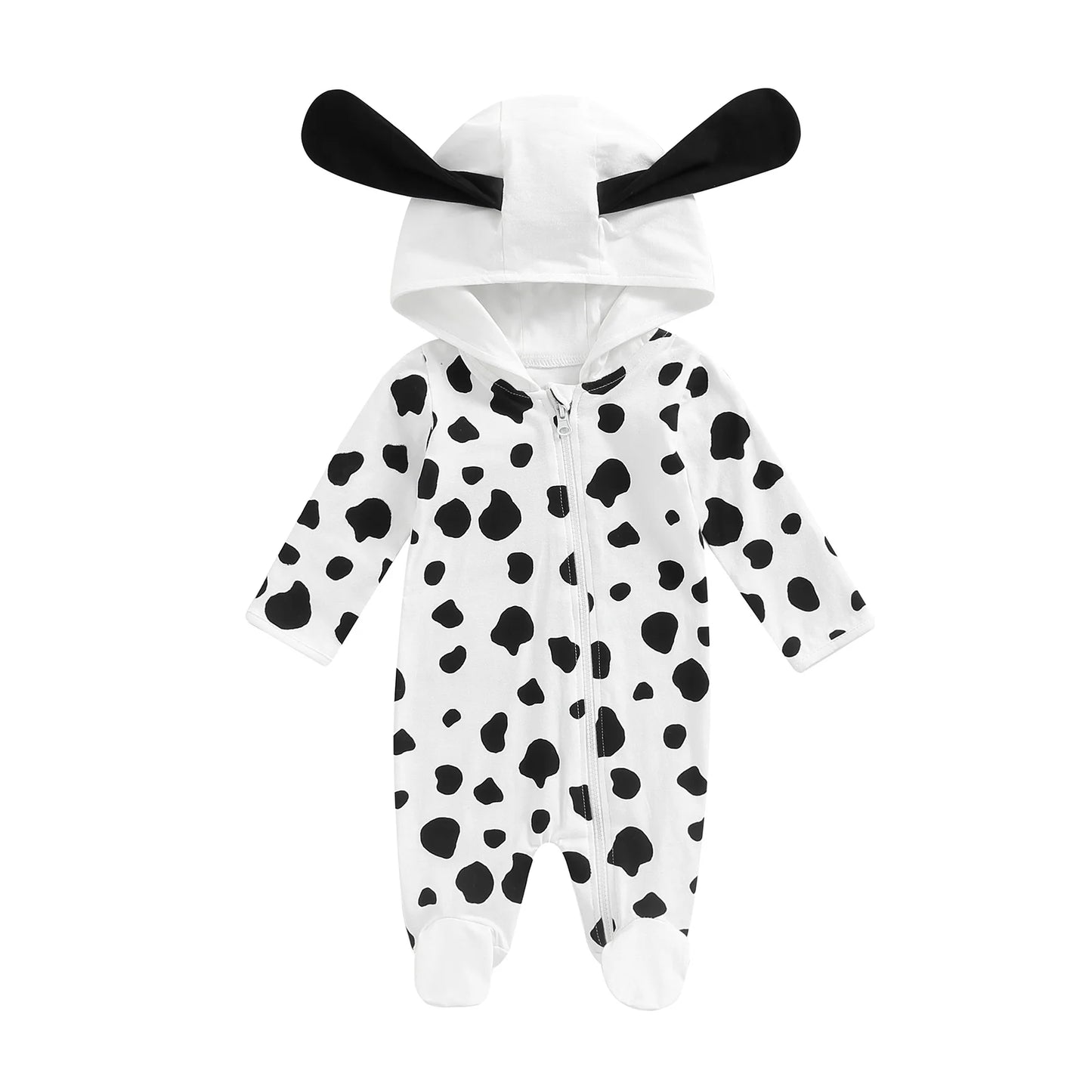 baby 0-18M Newborn Cow Footed Romper, Baby Hooded Romper Long Sleeve Cow Print