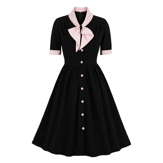 Vintage Bow Neck 50s Robes High Waist Pleated Swing Dress