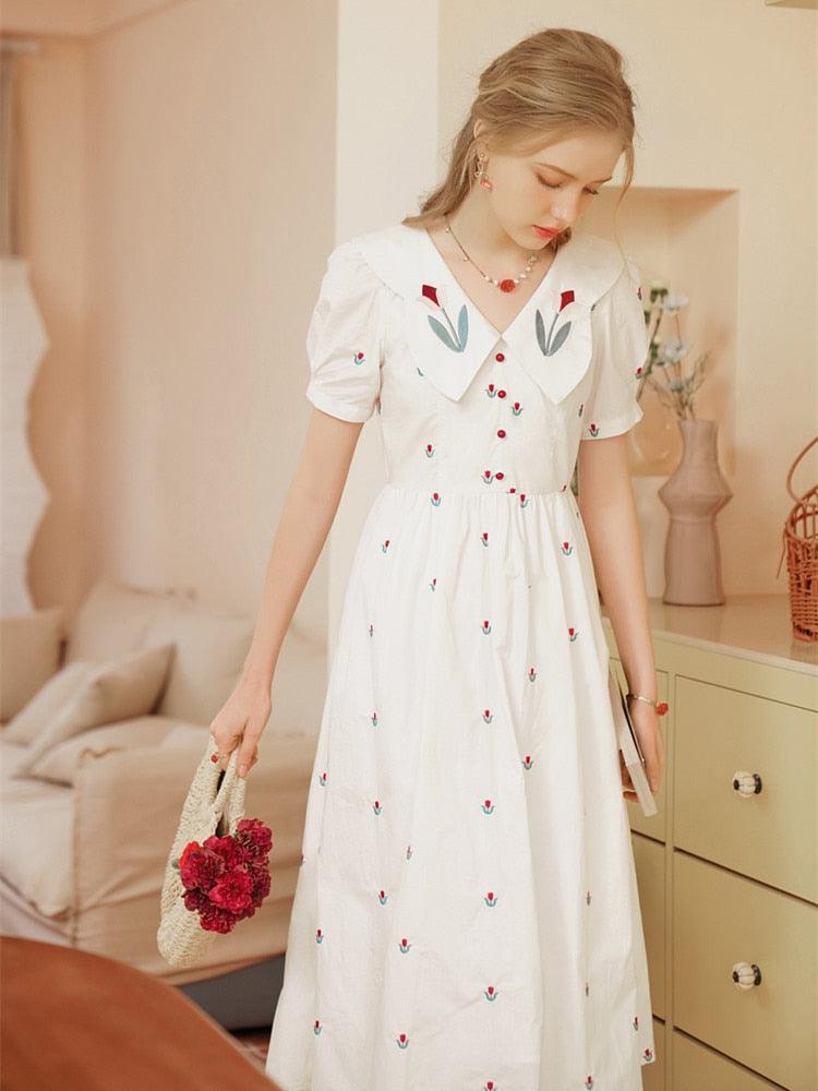 Elise White Dress Women Elegant Slim Sweet Embroidery Tulip Floral V-Neck Cotton Midi Dress Clothes - Sandrine Swank