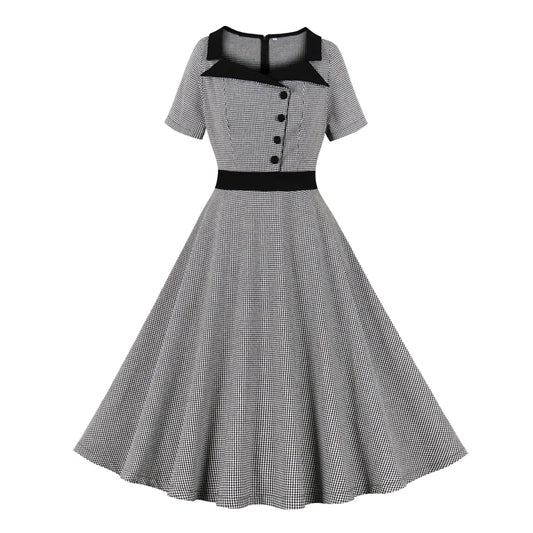 Gingham Vintage Dress, Button Front Short Sleeve 50s Rockabilly A Line Plaid Retro Dress