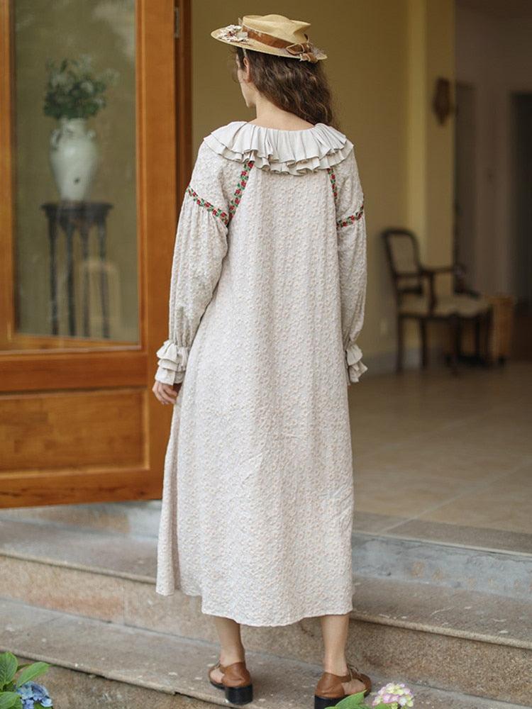 Elsie Mori Girls Elegant Luxury Embroidery Long Dress Ruffled Collar Casual Loose Cotton Dress - Sandrine Swank