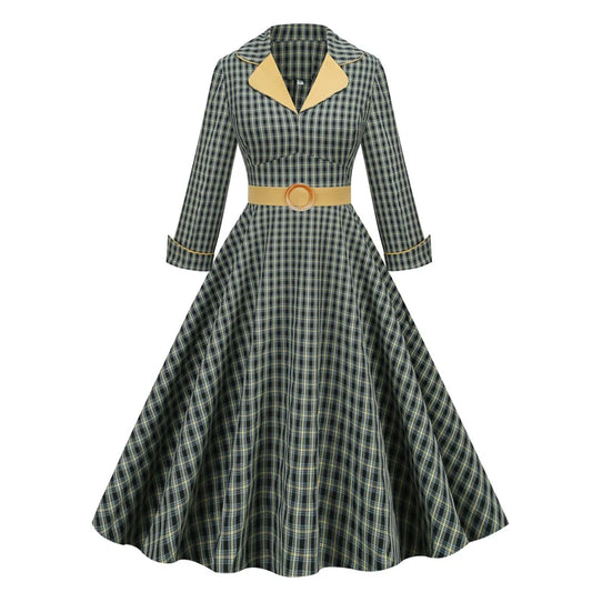 Notched Collar High Waist Belted Elegant Plaid Retro Dress, 3/4 Length Sleeve Vintage Pinup Dress