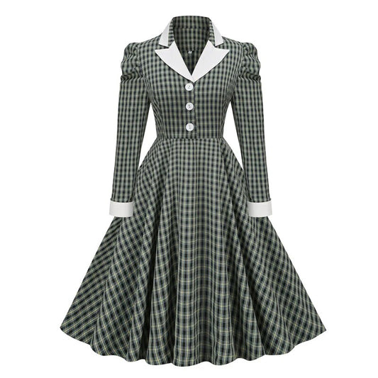 Gigot Sleeve Button Up Vintage Rockabilly Swing Dress, Elegant Party Outfits Green Plaid Dress