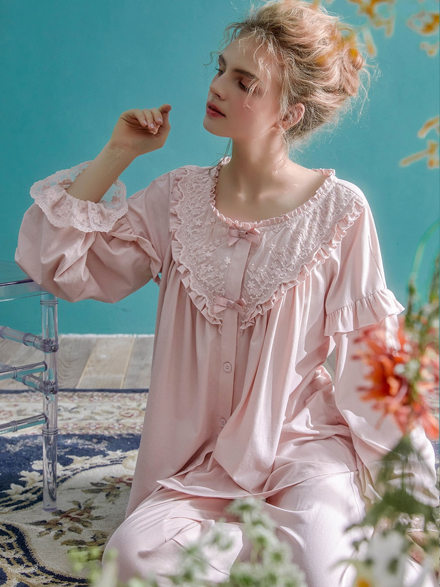 Vintage Soft Cotton Pajamas Sets, Long Sleeve Embroidery Sleepwear