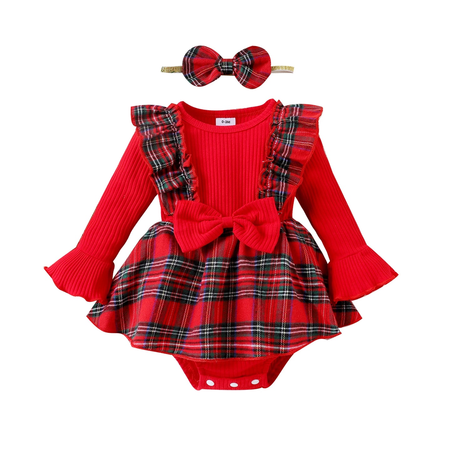 baby 0-12M Christmas Romper, Knit Long Sleeve Plaid Jumpsuit With Headband Xmas Costumes Outfit