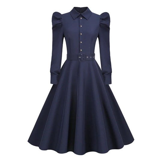 Retro Puff Sleeve Button Front Belted Long Robe Dress, Turn Down Collar Women 50s Vintage Swing Dress
