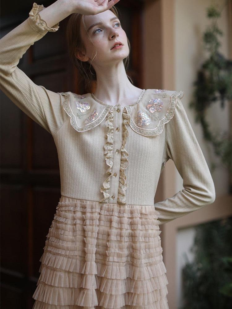 Elsie Maxi Vintage Dress, Elegant Slim Embroidery Sequins Beading Long Sleeve Lace Mesh Dress - Sandrine Swank