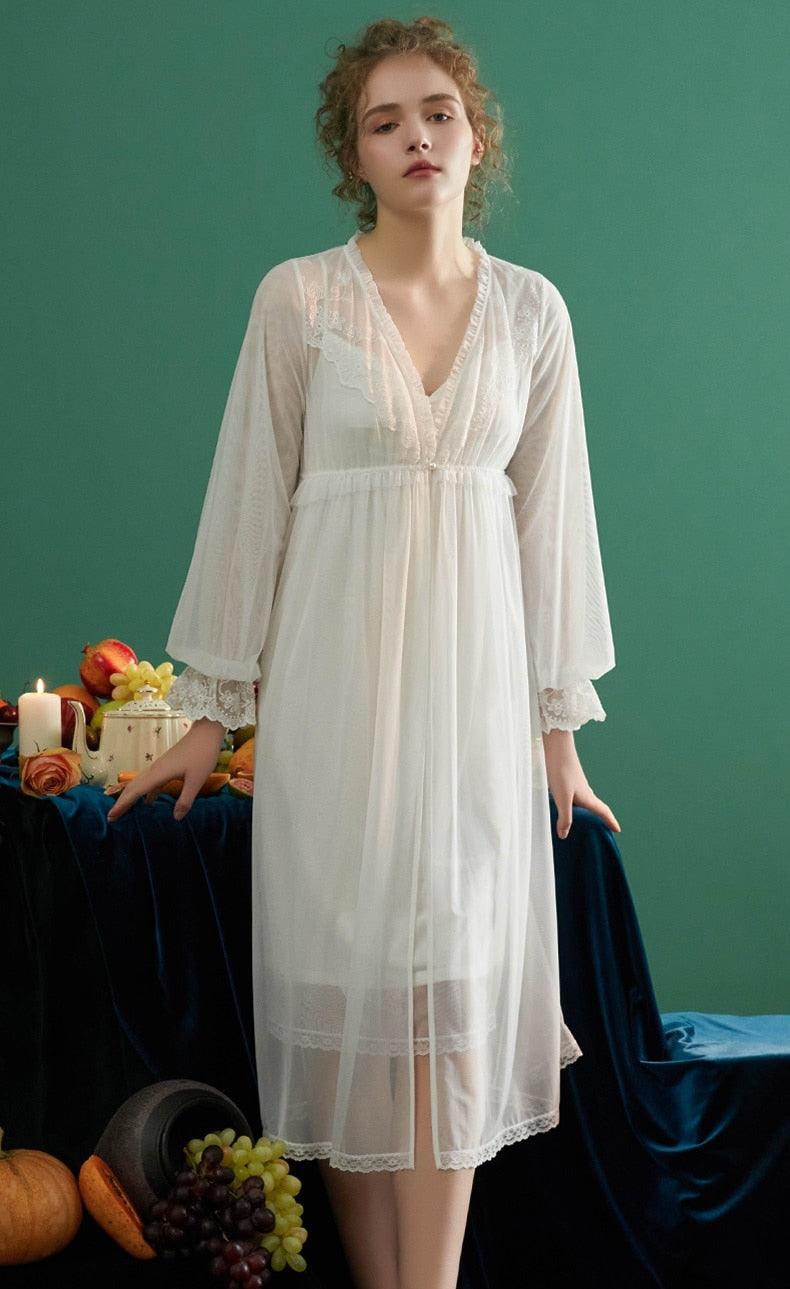 Women Vintage Princess Delicate 2 Pieces Robe Sets, Victorian V-neck Long Sleeve Embroidery Lace Nightgown - Belleroz