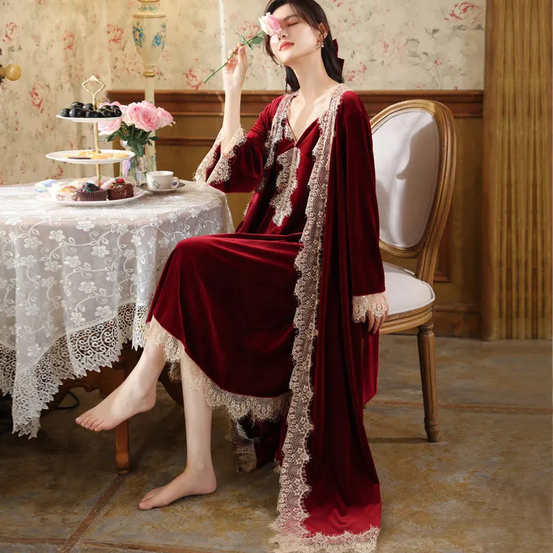 Victorian Vintage Velvet Long 2 Pieces Robe Sets  For Women,  Loose Elegant Bride Red Robe Dress  Autumn Winter
