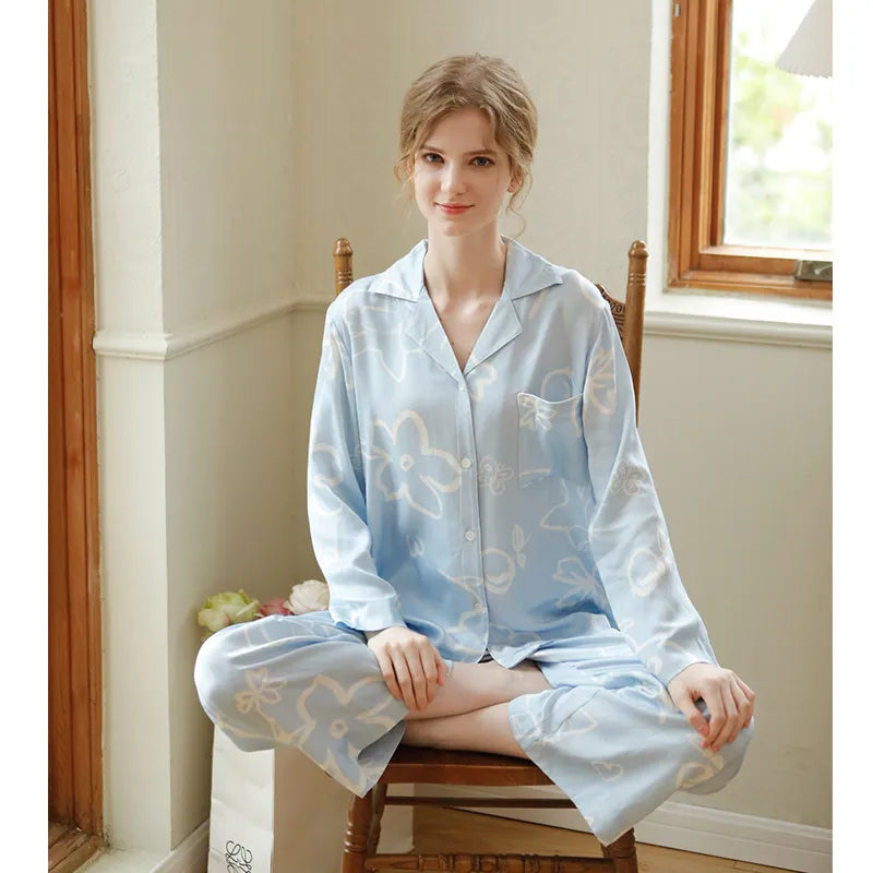 Viscose Long Sleeve Turn-down Collar Pajama Sets For Women, Floral Print Sky Blue Color Loose Sleepwear