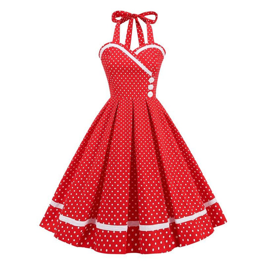Vintage Summer Dress, Retro Midi Dress, Halter Neck Buttons Polka Dot Women Rockabilly Vintage Pleated Dress, Cotton Party Wear Ladies Dresses 1950s - Boldnaccs By Artisans