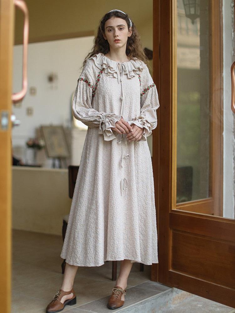 Elsie Mori Girls Elegant Luxury Embroidery Long Dress Ruffled Collar Casual Loose Cotton Dress - Sandrine Swank