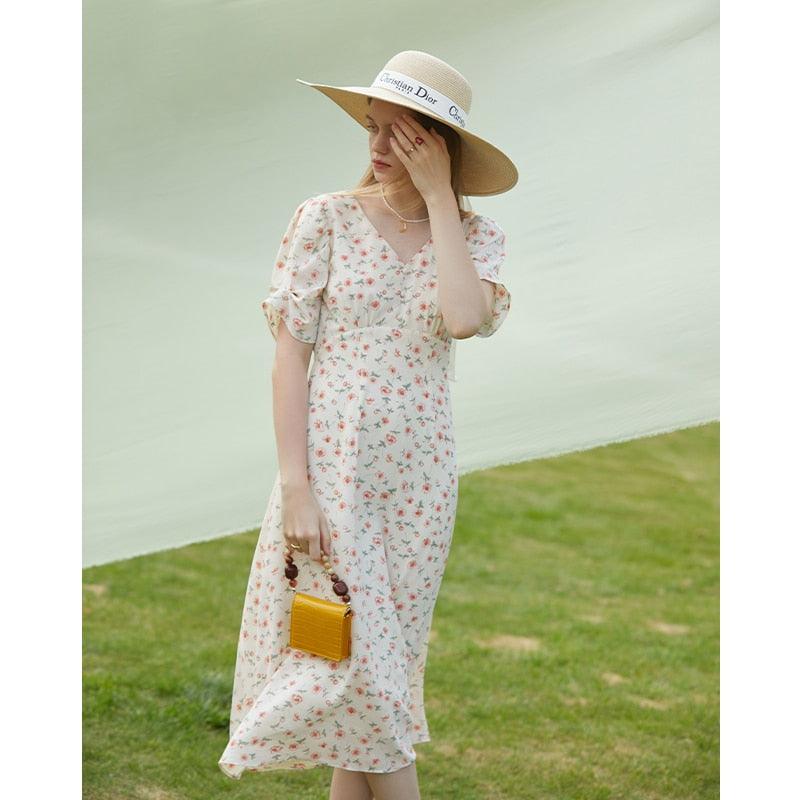 Sadie French Floral Artistic Sense Dress V-neck Elegant Retro Dress, Beach Dress - Sandrine Swank