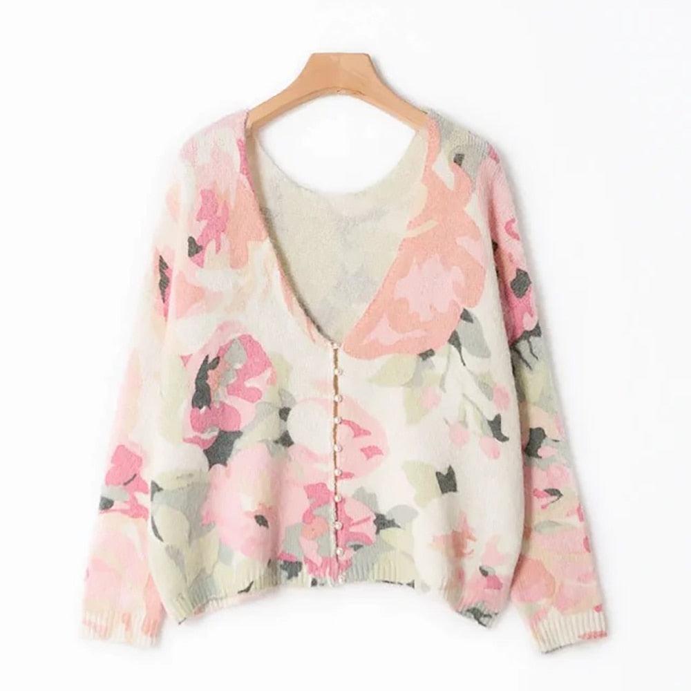 Retro Floral Loose Cardigan Sweater, Full Sleeve Knit Sweater - Belleroz