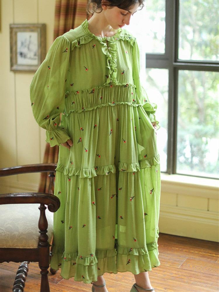 Elise Elegant Embroider Floral Green Dress Vintage Victoria Ruffles Big Swing Maxi Dress - Sandrine Swank