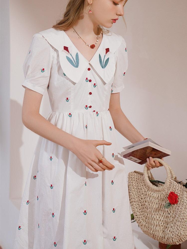 Elise White Dress Women Elegant Slim Sweet Embroidery Tulip Floral V-Neck Cotton Midi Dress Clothes - Sandrine Swank