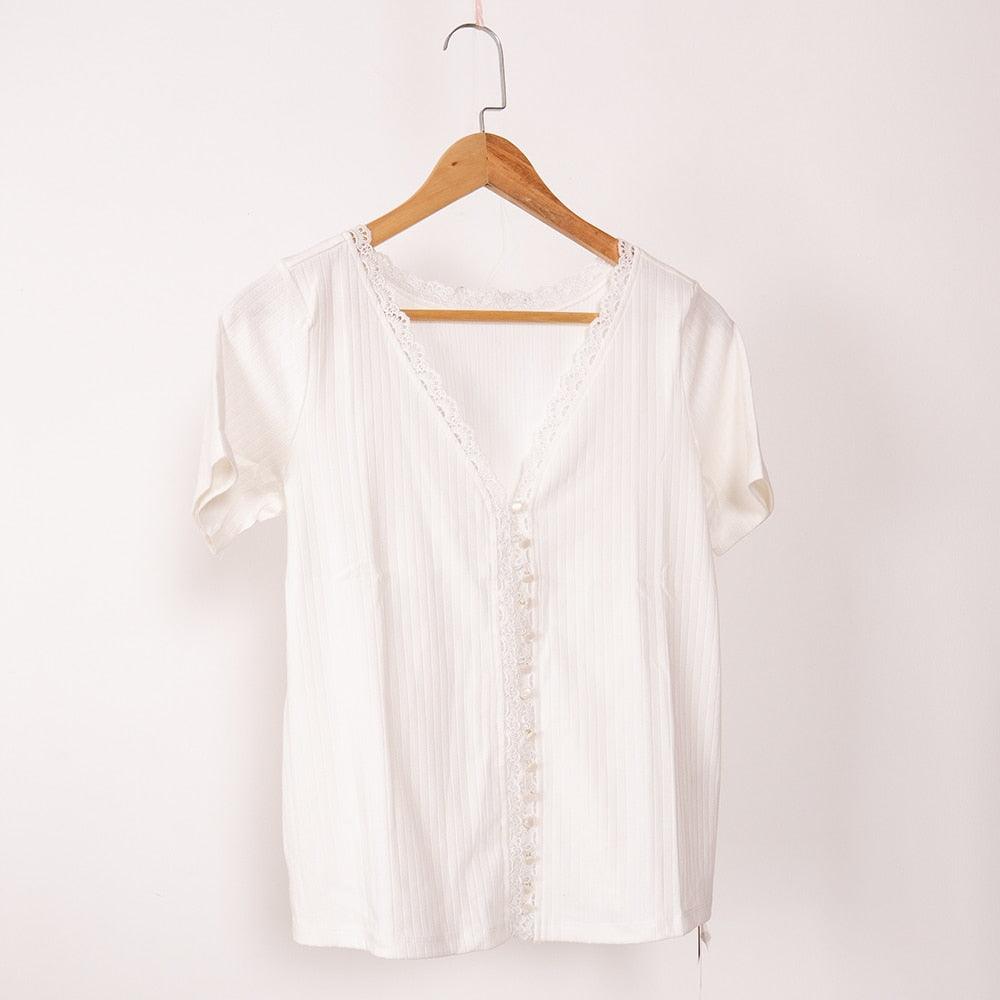 Retro Vintage Lace Patchwork Shirt, Women V Neck Short Sleeve Single Breasted Blouse - Belleroz