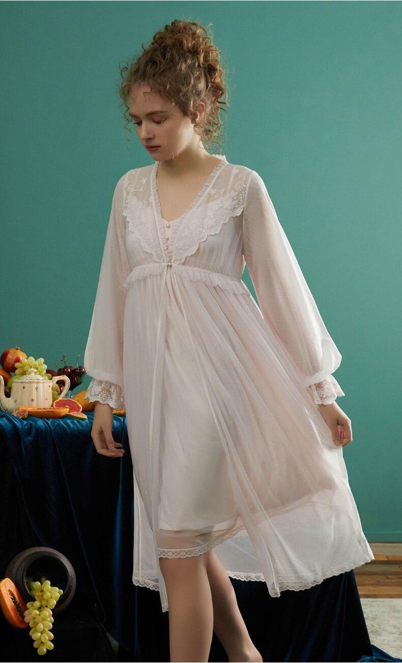 Women Vintage Princess Delicate 2 Pieces Robe Sets, Victorian V-neck Long Sleeve Embroidery Lace Nightgown - Belleroz