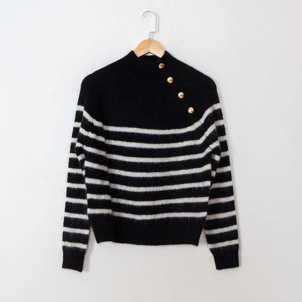 Retro High Neck Button Stripe Sweater, Women Long Sleeve Casual Warm Pullover Sweater - Belleroz
