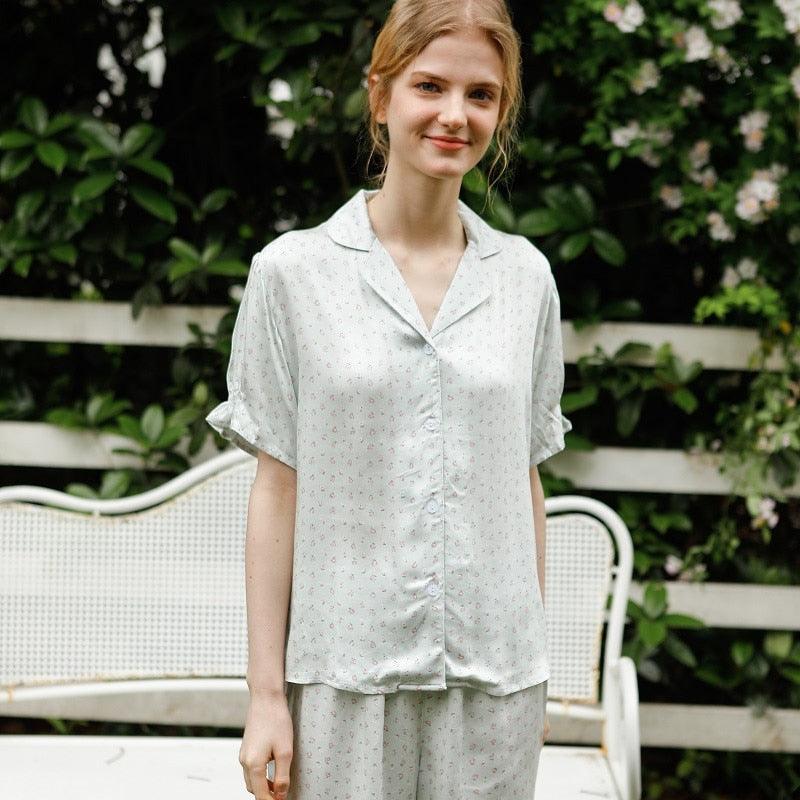 Vintage Summer Floral Shorts Pajama Sets, Soft Viscose Casual Sleepwear - Belleroz