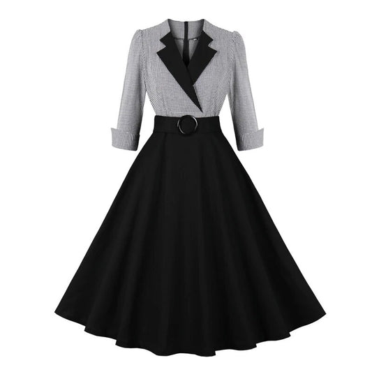 Plaid and Black Elegant Ladies Rockabilly Cotton Dress, Notched Collar 3/4 Sleeve Autumn Winter Women Vintage Dress