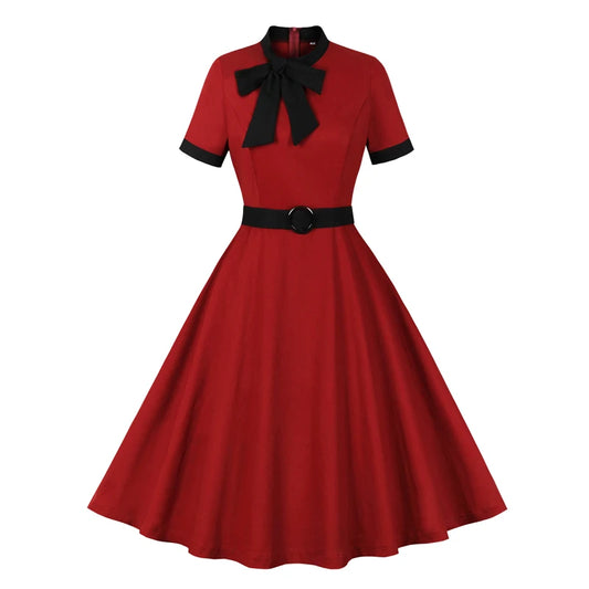 Bow Neck Short Sleeve Retro Cotton Dress, Belted Vintage Style Burgundy Dress