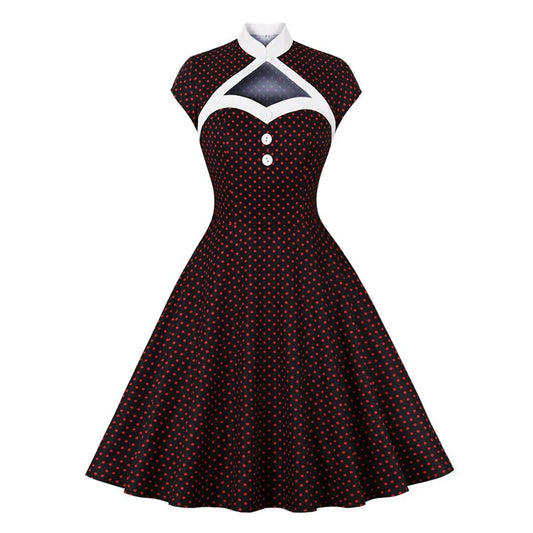Stand Collar Hollow Out Front Button Evening Party Retro Dress, Cap Sleeve Polka Dot Vintage Dress