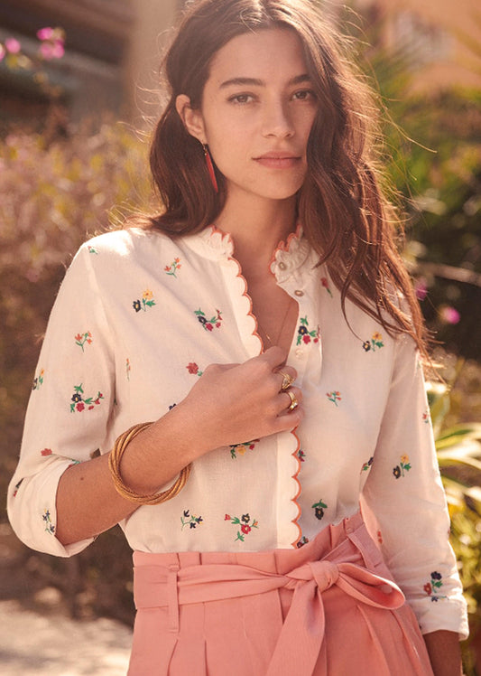 Retro Floral Embroidery Cotton Round Collar Full lantern Sleeve Shirt - Belleroz