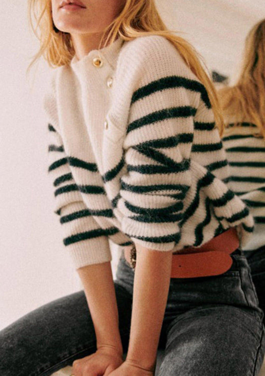Retro High Neck Button Stripe Sweater, Women Long Sleeve Casual Warm Pullover Sweater