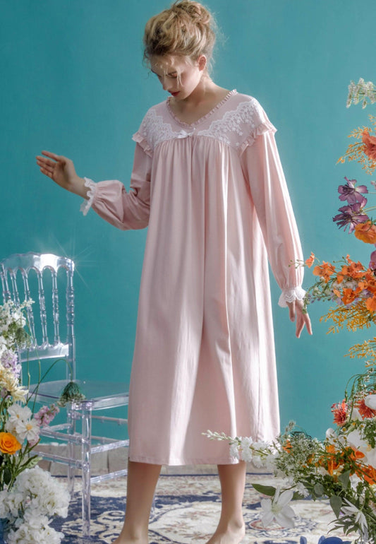 Vintage Cotton Royal Princess Nightgown, Victorian Solid Color Long Sleeve Lace Nightdress - Belleroz