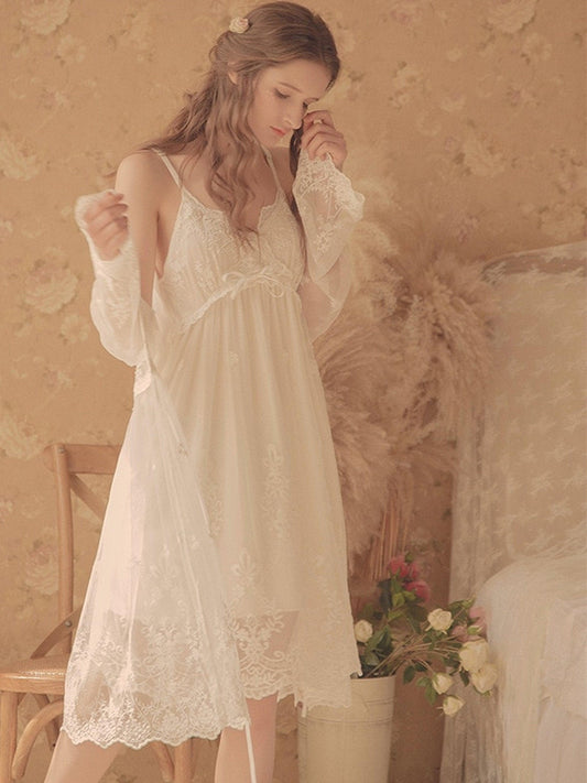 Victorian nightgown, Vintage Women's Nightgown, White Lace 2-Pics Royal Lace Nightgown - Belleroz