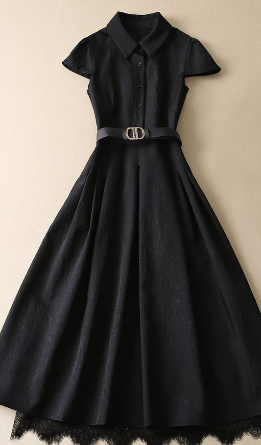High Street Elegant Chic Fashion Casual Party Black Buttons Pleated Shirts Midi Dress - Belleroz