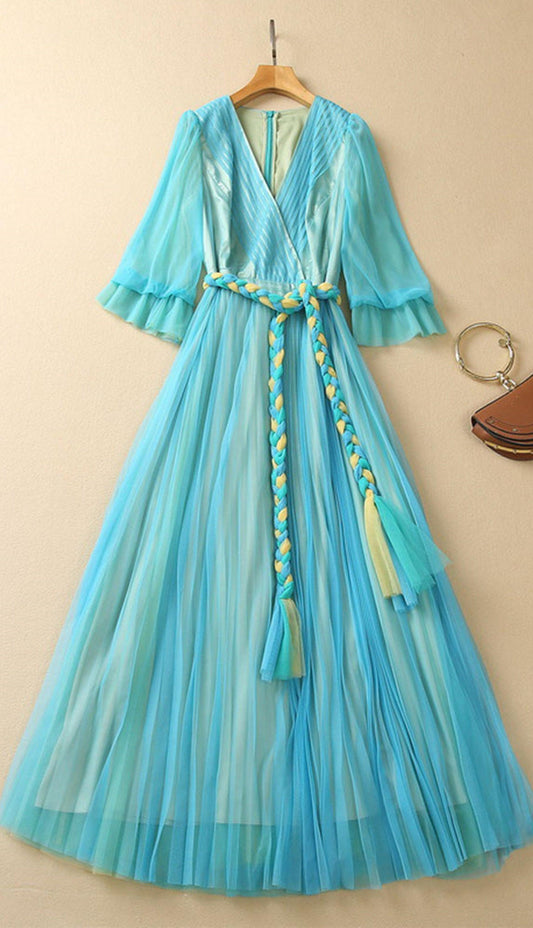 Boho Summer Long Dresses, Mesh Blue Maxi Holiday Short Sleeve Dress - Belleroz