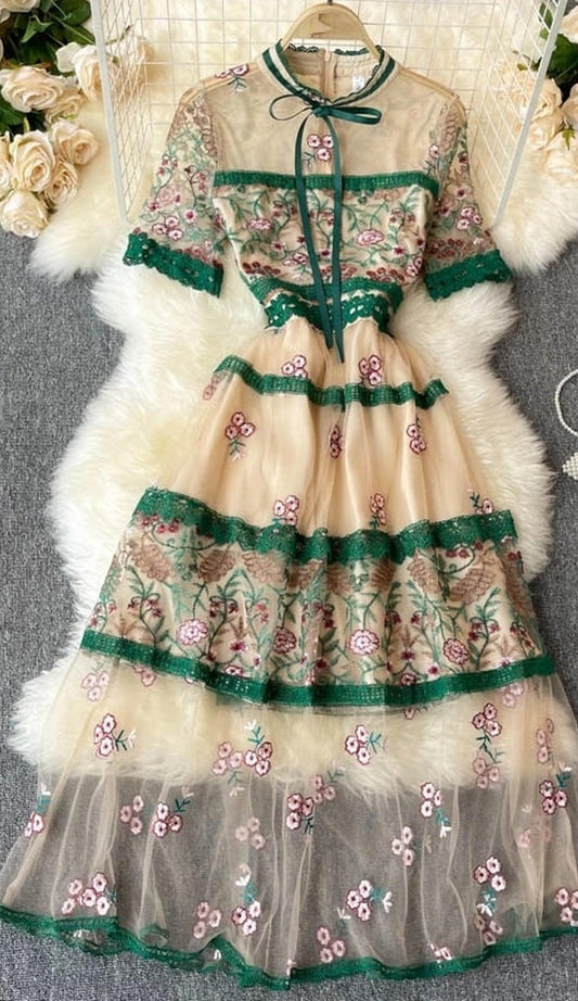 Elegant See Through Long Lantern Sleeve Mesh Dress, Flower Embroidery Lace High Waist Bohemian Maxi Dress - Belleroz