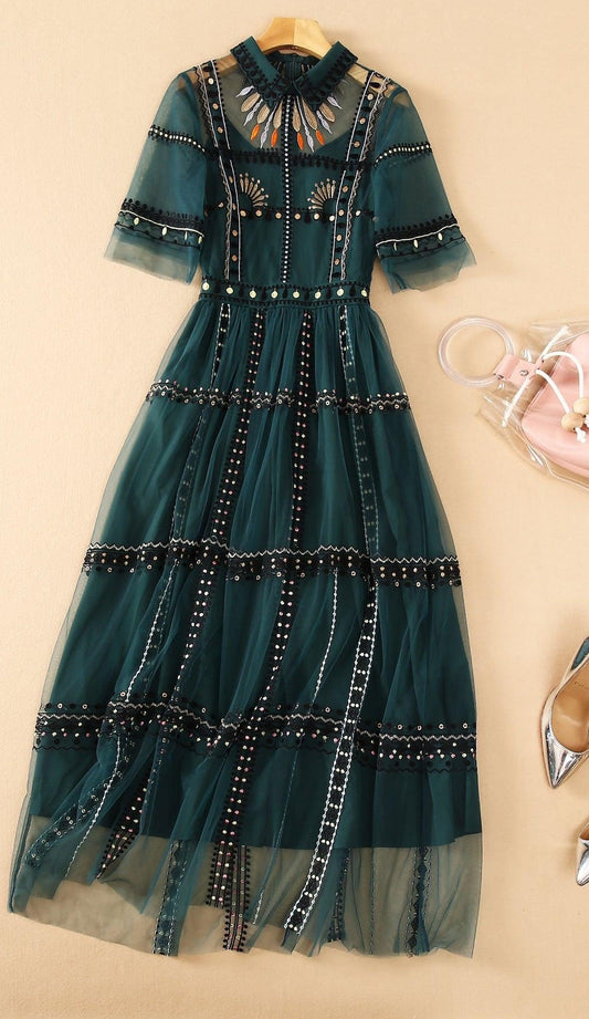 Bohemian Green Mesh Embroidery Dress - Belleroz