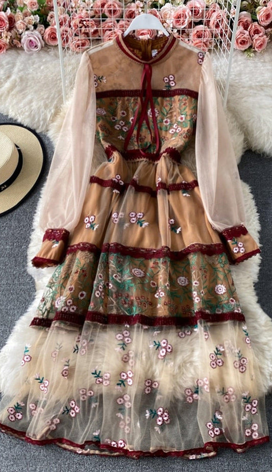 Bohemian Elegant See Through Long Lantern Sleeve Mesh Dress, Flower Embroidery Lace High Waist Bohemian Maxi Dress - Belleroz