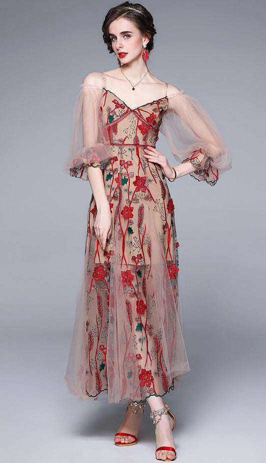 Bohemian Embroidery Flower Dress, Spaghetti Strap Puff Sleeve Maxi Dress - Belleroz