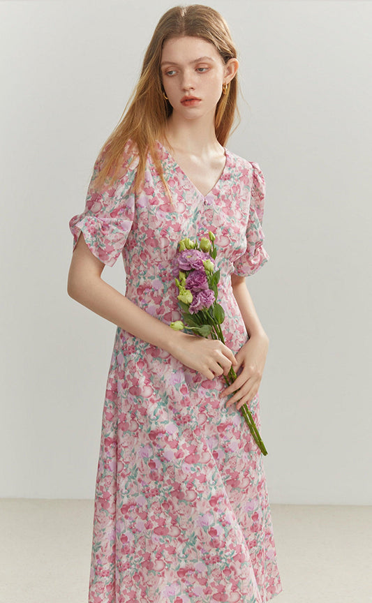 Sadie French Floral Artistic Sense Dress V-neck Elegant Retro Dress, Beach Dress - Sandrine Swank