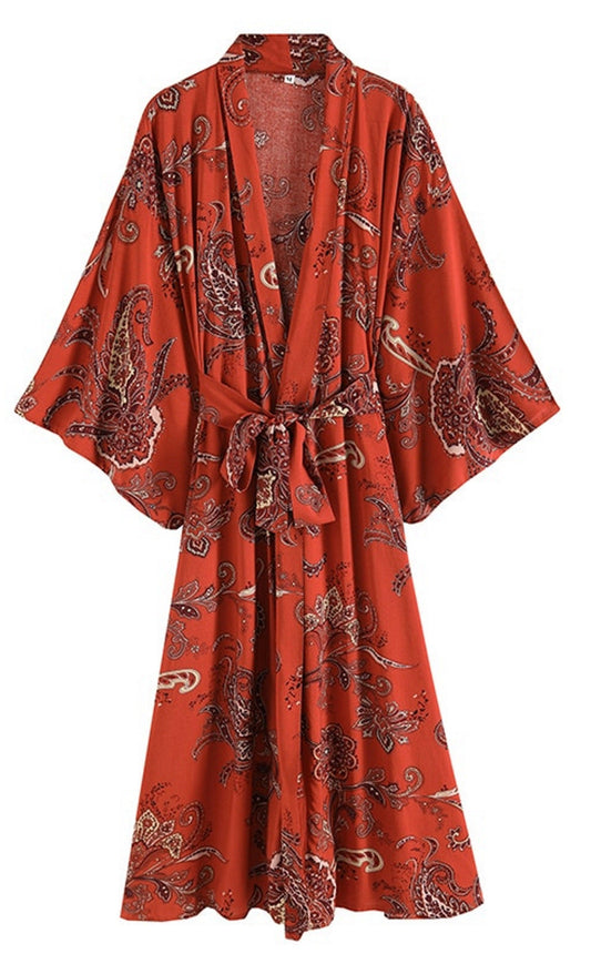 Bohemian Long Kimono, Vintage Floral Print Oversized Loose Boho Kimono, Beach Cover Ups Bohemian Robes, Maxi Hippie Kimono - Belleroz